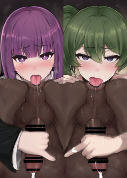 2girls anilingus blush clothed_female_nude_male cum ejaculation female_rimming_male fern_(sousou_no_frieren) green_hair handjob hetero highres hiiragihiiro hiiro_h middle_finger multiple_girls nude purple_eyes purple_hair rusty_trombone sousou_no_frieren tongue tongue_out ubel_(sousou_no_frieren)