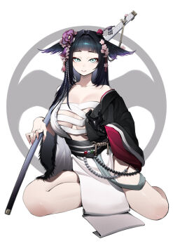 1girl absurdres animal_ears arched_bangs arknights bare_shoulders black_gloves black_hair black_haori black_sash blunt_bangs breasts chest_sarashi collarbone commentary flower full_body ghosty_(xiaobai) gloves green_eyes hair_flower hair_intakes hair_ornament haori highres japanese_clothes katana large_breasts long_hair long_sleeves looking_at_viewer making-of_available mio_(arknights) off_shoulder parted_lips pink_flower procreate_(medium) purple_flower sarashi sash sheath sheathed single_glove sitting solo sword undone_sarashi variant_set weapon white_background