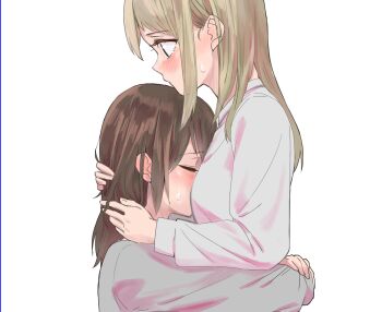 Rule 34 | 2girls, ano koro no aoi hoshi, arms around waist, between breasts, blonde hair, blush, breasts, brown hair, closed eyes, commentary, ear blush, face between breasts, grey shirt, hand in another's hair, head between breasts, highres, hug, koumoto umi, long hair, multiple girls, rs20210604, segawa shou, shirt, simple background, sweat, white background, white shirt, yuri