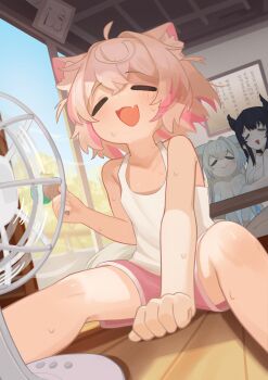 3girls :d absurdres animal_ears black_hair blonde_hair blue_hair breasts camisole cleavage closed_eyes closed_mouth commentary dog_ears dog_girl electric_fan english_commentary fang fanning_self flat_chest food fuwawa_abyssgard highres holding holding_food holding_ice_cream hololive hololive_english huge_filesize ice_cream large_breasts long_hair mococo_abyssgard multicolored_hair multiple_girls nanachides nerissa_ravencroft open_mouth pink_hair pink_shorts short_shorts shorts siblings sisters sitting skin_fang smile streaked_hair sweat two-tone_hair virtual_youtuber white_camisole wooden_floor