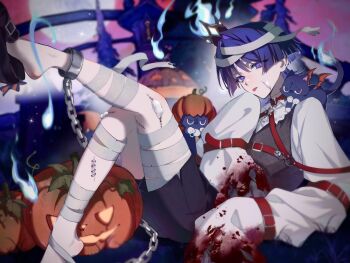 1boy alternate_costume animal animal_on_shoulder animalization bandaged_head bandaged_leg bandages belt belt_collar black_cat black_shoes black_shorts black_vest blood blood_on_clothes blue_fire blue_gemstone blunt_ends blurry blurry_background bow building cat cat_on_shoulder chain collar collared_shirt colored_inner_hair crown demon_wings ear_piercing earrings eyelashes eyeliner eyeshadow fire foot_up footwear_bow full_moon gem genshin_impact glint hair_intakes halloween halloween_costume harness highres jack-o&#039;-lantern jewelry long_sleeves looking_at_viewer lying makeup male_focus mary_janes mini_crown moon multicolored_hair night o-ring o-ring_harness on_back person_and_animalization piercing pom_pom_(clothes) pumpkin_hat purple_eyes purple_hair red_belt red_collar red_eyeliner red_eyeshadow red_sky scaramouche_(cat)_(genshin_impact) scaramouche_(genshin_impact) shirt shoes shorts sky sleeve_belt sleeves_past_fingers sleeves_past_wrists stitched_face stitched_leg stitched_neck stitches striped_bow tombstone tongue tongue_out vest w02_14 white_shirt white_sleeves wings wispy_bangs zombie