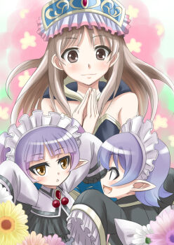 1boy 2girls :&lt; atelier_(series) atelier_totori bare_shoulders blush brown_eyes brown_hair chim_(atelier) flower gust happy headdress highres long_hair multiple_girls open_mouth pointy_ears purple_hair short_hair smile totooria_helmold yanagi_kawa yellow_eyes