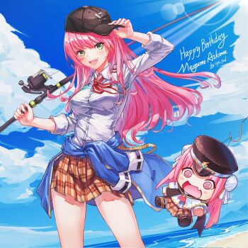 1girl :d @_@ aikawa_megumi baseball_cap beach blouse blue_jacket blue_sky breasts brown_skirt character_name clothes_around_waist cloud collared_shirt cowboy_shot day doll double_bun dress_shirt fang fishing_rod floating_hair green_eyes hair_bun happy_birthday hat heaven_burns_red highres holding holding_fishing_rod jacket jacket_around_waist kunimi_tama lens_flare long_hair long_sleeves looking_at_viewer medium_breasts miniskirt neck_ribbon ocean open_mouth outdoors pink_hair plaid_clothes plaid_skirt pleated_skirt red_ribbon ribbon sail_678 school_uniform shirt skirt sky smile solo standing white_shirt