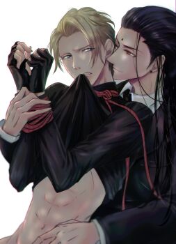 2boys abs artist_request bdsm bindi biting biting_clothes black_gloves black_hair black_shirt black_suit blonde_hair blue_eyes bondage bound clenched_teeth closed_mouth collar earrings eyebrows eyes_visible_through_hair final_fantasy final_fantasy_vii final_fantasy_vii_remake fingerless_gloves formal_clothes gloves hands_up highres jewelry knotted_rope long_hair looking_at_another male_focus multiple_boys navel necktie parted_lips ponco_pacoooon red_eyes rufus_shinra shiny_clothes shiny_skin shirt short_hair simple_background square_enix stomach suit teeth tseng white_background wing_collar yaoi
