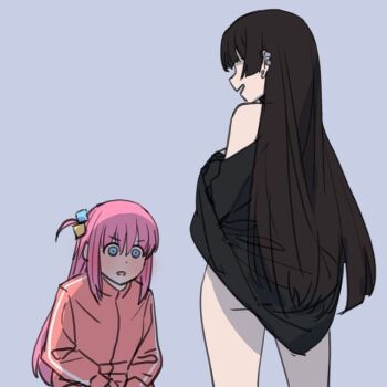 2girls artist_request black_hair blue_background blue_eyes bocchi_the_rock! bottomless clothes_lift cube_hair_ornament dress dress_lift gotoh_hitori hair_ornament jacket long_hair looking_at_pussy multiple_girls older_female_and_younger_female pa-san pink_hair simple_background source_request track_jacket yuri