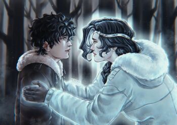 Rule 34 | 1boy, 1girl, bare tree, bianca di angelo, black eyes, black gloves, black hair, black jacket, braid, brother and sister, coat, crying, crying with eyes open, curtained hair, forest, from side, fur trim, gloves, glowing, hand on another's shoulder, headband, height difference, highres, jacket, looking at another, nature, nico di angelo, oladushekcos, outdoors, percy jackson and the olympians, short hair, siblings, tears, tree, winter clothes, winter coat
