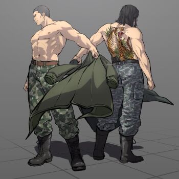2boys abs back-to-back back_tattoo bara boots buzz_cut camouflage camouflage_pants contrapposto crossed_arms from_side full_body grey_hair highres irezumi large_pectorals male_focus mature_male multiple_boys muscular muscular_male nipples pants pectorals ryuu_ga_gotoku_(series) ryuu_ga_gotoku_4 ryuu_ga_gotoku_5 saejima_taiga serious short_hair sideburns standing strongman_waist tattoo thick_eyebrows touya_65 undressing very_short_hair