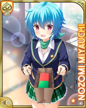 Rule 34 | 1girl, :o, ascot, bag, belt, blazer, blue hair, blue jacket, card (medium), character name, day, girlfriend (kari), green ascot, green skirt, indoors, jacket, looking at viewer, miyauchi nozomi, official art, open mouth, plaid clothes, plaid skirt, pleated skirt, purple eyes, qp:flapper, school uniform, shirt, short hair, skirt, white legwear, white shirt