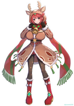 1girl absurdres alternate_costume animal_costume antlers bell boots breasts commentary_request gonzarez highres horns large_breasts pantyhose platform pyra_(xenoblade) red_boots red_eyes red_hair reindeer_antlers reindeer_costume scarf snow solo white_background xenoblade_chronicles_(series) xenoblade_chronicles_2