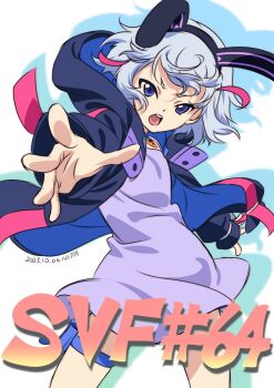 1girl 2023 animal_ears black_jacket blue_hair blue_jacket dress fake_animal_ears floating_hair hood hooded_jacket jacket multicolored_hair nitta_yasunari open_clothes open_jacket open_mouth otosaka_shion_(shadowverse_flame) pink_hair pink_jacket pouch purple_dress purple_eyes purple_jacket rabbit_ears reaching reaching_towards_viewer shadowverse shadowverse_(animated_series) shadowverse_flame short_hair solo spaghetti_strap teeth thigh_pouch upper_teeth_only