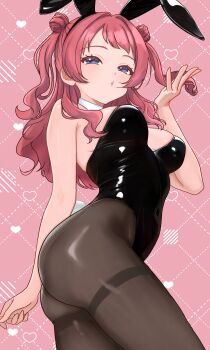 Rule 34 | absurdres, alternate costume, amashi 2278, animal ear hairband, animal ears, argyle background, ass, black leotard, blowing kiss, breasts, brown hair, brown pantyhose, commentary request, covered navel, detached collar, dotted line, fake animal ears, fake tail, gakuen idolmaster, hairband, hanami saki, highres, hiphighs, idolmaster, leotard, long hair, medium breasts, o3o, pantyhose, pink background, playboy bunny, rabbit ear hairband, rabbit ears, rabbit tail, strapless, strapless leotard, tail, thighband pantyhose, two side up