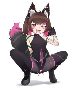 absurdres animal_ear_fluff animal_ears arm_tattoo bare_shoulders breasts brown_hair cat_tail chain choker covering_privates fishnets green_eyes hand_on_own_crotch heterochromia highres indie_virtual_youtuber kenken_(keuken) loli mesugaki multicolored_hair navel nyudachi panties panty_pull piercing pink_eyes small_breasts smug squatting tail tattoo teasing thigh_strap underwear virtual_youtuber wolf_ears wolf_tail
