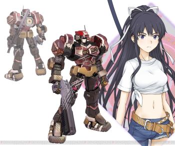 1girl 3d apharmd asymmetrical_clothes bare_arms belt black_hair breasts brown_belt choppy_bangs closed_mouth commentary cowboy_shot dengeki_online denim expressionless gun haimura_kiyotaka hair_ribbon high_ponytail holding holding_gun holding_weapon humanoid_robot jeans kanzaki_kaori large_breasts light_blush long_hair long_sidelocks looking_at_viewer magic_circle mecha midriff multiple_views navel official_art pants ponytail purple_eyes ribbon robot scabbard science_fiction sheath shichiten_shichitou shirt short_sleeves sidelocks single_pantsleg stomach tied_shirt toaru_majutsu_no_index toaru_majutsu_no_virtual-on very_long_hair virtual_on weapon white_background white_ribbon white_shirt