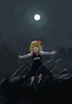 1girl ascot black_skirt black_vest blonde_hair dark darkness full_moon ge_dazuo hair_ribbon hands_up highres long_sleeves looking_at_viewer medium_hair moon night open_mouth red_ascot red_eyes ribbon rumia shirt skirt smile solo touhou vest white_shirt