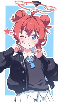 1girl ;d absurdres ahoge black_jacket black_sweater_vest blue_archive blue_background blue_eyes blue_necktie blush border bright_pupils buttons collared_shirt commentary double-parted_bangs double_bun fingernails grin hair_between_eyes hair_bun hair_intakes halo hands_up highres jacket long_hair long_sleeves looking_at_viewer maki_(blue_archive) miniskirt necktie ninji665102 one_eye_closed open_clothes open_jacket open_mouth outline outside_border pleated_skirt pointing pointing_at_self red_hair red_halo shirt skirt smile solo star_(symbol) sweater_vest upper_body white_border white_outline white_pupils white_shirt white_skirt zipper
