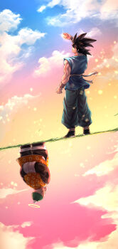 2boys absurdres aqua_pants arm_at_side arm_up arms_behind_back black_footwear black_hair black_pants blue_sky blurry bokeh chinese_clothes cloud cloudy_sky day depth_of_field dougi dragon_ball dragon_ball_(classic) dragon_ball_(object) dragonball_z facial_hair facing_away floating_hair from_behind full_body glint gradient_sky grandpa_gohan grass green_headwear hair_over_eyes halo hat highres holding lens_flare light_particles long_sleeves male_focus mattari_illust multiple_boys muscular muscular_male mustache nape obi orange_sky outdoors pants pink_sky polka_dot pom_pom_(clothes) rotational_symmetry sash shoes side_slit sky sleeves_past_fingers sleeves_past_wrists smile son_goku spiked_hair split_screen sunset white_sash wrinkled_skin wristband yellow_sky