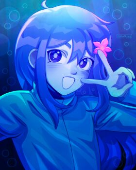 1girl alternate_costume alternate_universe aubrey_(headspace)_(omori) aubrey_(omori) blush colored_skin commentary double-parted_bangs english_commentary flower hair_between_eyes hair_flower hair_ornament highres long_hair long_sleeves looking_at_viewer omori open_mouth purple_eyes purple_hair sidelocks smile solo upper_body v white_skin zoewillowz