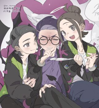 1girl 2boys :d adversarial_noise angel_wings bisexual_male black_eyes black_hair black_jacket black_pants black_suit blush brown_eyes brown_hair closed_eyes clothes_grab commentary_request corbeau_(pokemon) demon_horns demon_wings fang formal_clothes full-face_blush glasses gomi20021021 half_updo halo hand_on_another&#039;s_face hand_on_another&#039;s_knee harmony_(pokemon) highres horns interlocked_fingers jacket looking_at_another multiple_boys necktie necktie_grab neckwear_grab nintendo open_mouth pants paxton_(pokemon) pokemon pokemon_legends:_z-a purple_hair purple_shirt shirt sitting smile suit sweat white_necktie wings