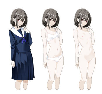1girl bare_shoulders black_hair blue_shirt blue_skirt blush bob_cut bow bow_panties bra breasts brown_eyes closed_mouth collarbone commentary_request completely_nude highres lingerie looking_at_viewer moonsorrow navel neckerchief nipples nude original panties pleated_skirt purple_neckerchief pussy sailor_collar school_uniform serafuku shirt skirt small_breasts standing underwear white_bra white_panties white_sailor_collar