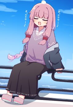 Rule 34 | 1girl, :d, animal, animal on head, bird, bird on head, black jacket, black skirt, blue sky, blunt bangs, blush, brown sweater, buttons, closed eyes, cloud, collared shirt, commentary request, day, dot nose, full body, hair ribbon, hibino 000, highres, jacket, kotonoha akane, long hair, long skirt, long sleeves, off shoulder, on head, open clothes, open jacket, open mouth, outdoors, pink hair, pink shoes, red ribbon, ribbon, rounded collar, shirt, shoes, simple bird, sitting, skirt, sky, smile, solo, sweater, translation request, voiceroid, white shirt