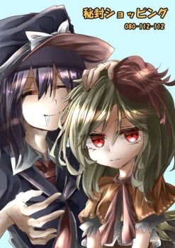 2girls aged_down aqua_background black_capelet black_hair black_hat blonde_hair bow capelet closed_eyes collar drooling hair_between_eyes hair_bow hand_on_another&#039;s_head hat hat_bow multicolored_hair multiple_girls muraryo necktie niwatari_kutaka orange_capelet orange_skirt puffy_sleeves red_eyes red_hair red_necktie shirt simple_background skirt smile touhou translation_request two-tone_hair usami_renko white_bow white_collar white_shirt