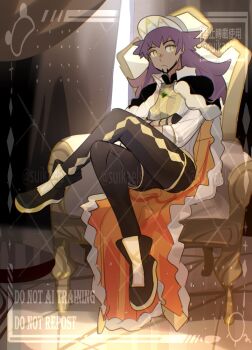 1boy baseball_cap black_boots black_gloves black_pants boots cape dark-skinned_male dark_skin full_body fur-trimmed_cape fur_trim gloves grey_background hat highres leon_(arc_suit)_(pokemon) leon_(pokemon) long_hair looking_at_viewer male_focus nintendo official_alternate_costume orange_cape pants pokemon pokemon_masters_ex purple_hair shirt simple_background sitting solo suikaels watermark watermark_grid white_hat white_shirt yellow_eyes