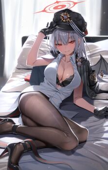 1girl backlighting black_bra black_gloves black_pantyhose black_shoes black_wings blue_archive blush bow bra bra_peek braid breasts cleavage commentary_request demon_girl demon_tail demon_wings fake_wings gloves greenkohgen hair_bow halo hand_up haruna_(blue_archive) hat high_heels highres indoors jacket jacket_on_shoulders lace lace-trimmed_bra lace_trim large_breasts legs lingerie long_hair looking_at_viewer lying no_pants on_bed on_side pantyhose parted_lips partially_unbuttoned peaked_cap piercing red_eyes red_halo seductive_smile shirt shoes side_braid single_braid single_wing smile solo tail thighband_pantyhose thighs tsurime underwear white_hair white_shirt wing_piercing wings yellow_bow