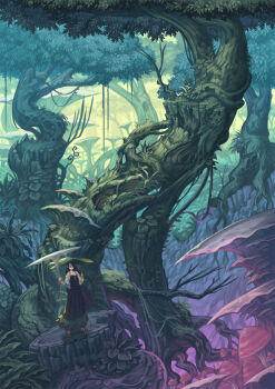 1girl black_hair blurry depth_of_field dress fantasy female_focus flower forest highres holding holding_flower leaf_hat long_hair mushroom nagi_itsuki nature original outdoors plant scenery solo standing very_long_hair vines witch