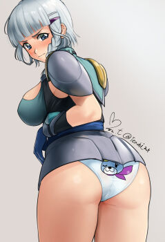 1girl animal_print ass ass_focus bear_panties bear_print blue_eyes blush bodysuit breasts commentary gloves grey_hair hair_ornament hairpin highres large_breasts looking_back panties print_panties seolla_schweizer short_hair solo_focus super_robot_wars super_robot_wars_dd underwear yoo_tenchi