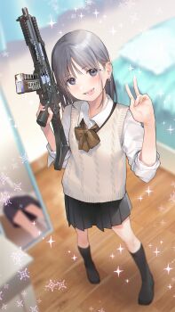 1girl absurdres assault_rifle black_skirt black_socks blush bow bowtie collared_shirt ear_piercing earrings full_body fuzuki_fuuro grey_eyes grey_hair gun h&amp;k_g36 h&amp;k_g36c highres holding holding_gun holding_weapon indoors jewelry looking_at_viewer medium_hair mirror non-web_source open_mouth original piercing pleated_skirt reflection rifle school_uniform shirt skirt smile socks solo sparkle stud_earrings sweater_vest tachibana_kanna v weapon white_shirt