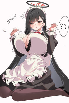 1girl ? ?? absurdres apron black_bra black_dress black_hair black_pantyhose blue_archive blush bra breasts bright_pupils bursting_breasts buttons cleavage dress flying_button hair_ornament hairclip halo highres huge_breasts long_hair maid maid_apron maid_headdress motion_lines nano_(blueoekaki) pantyhose popped_button red_eyes rio_(blue_archive) simple_background sitting solo speed_lines underwear very_long_hair wardrobe_malfunction white_apron white_pupils