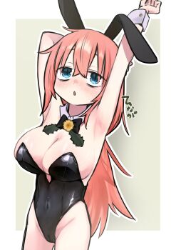 1girl animal_ears armpits arms_up bags_under_eyes black_leotard blue_eyes breasts bunny_day commentary_request covered_navel cowboy_shot detached_collar fake_animal_ears hair_between_eyes highres hinaga_miu large_breasts leotard long_hair michinoku_komaro oppai_loli pink_hair playboy_bunny rabbit_ears seitokai_ni_mo_ana_wa_aru! simple_background solo strapless strapless_leotard stretching translation_request white_wrist_cuffs wrist_cuffs