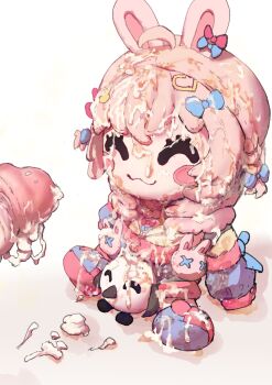 1boy :3 ^_^ agalmatophilia ahoge animal_ears blush_stickers bow bukkake character_doll closed_eyes cum cum_on_object doll erection hair_bow hair_ornament hashtag-only_commentary heart heart_hair_ornament highres hollowsuia jacket long_sleeves object_focus penis phase_connect pink_hair pipkin_pippa pipkin_pippa_(1st_costume) rabbit_ears rabbit_hair_ornament simple_background sleeves_past_fingers sleeves_past_wrists smile stain stuffed_toy uncensored variant_set virtual_youtuber white_background