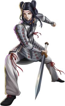 1boy armor artist_request black_hair closed_mouth commentary demon_(megami_tensei) english_commentary hair_ribbon highres holding holding_sword holding_weapon japanese_armor jewelry magatama magatama_necklace necklace official_art okuninushi_(megami_tensei) orange_eyes persona persona_5 persona_5:_the_phantom_x red_ribbon ribbon shin_megami_tensei solo sword third-party_source transparent_background weapon