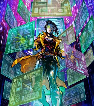 1girl belt black_choker black_hair choker coat cyberpunk facial_tattoo floating_screen highres hologram holographic_interface holographic_keyboard holographic_monitor holographic_touchscreen illumination marvel marvel_snap monitor multiple_monitors official_art red_lips sage_(marvel) science_fiction scouter screen tattoo vinartwork x-men yellow_coat