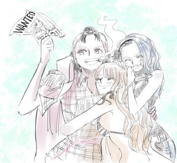 3girls adoptive_parent_and_adoptive_child adoptive_siblings bellemere bikini blue_hair breasts cape cigarette closed_eyes closed_mouth family good_end grin hand_on_another&#039;s_back hands_on_another&#039;s_head hug kamat_73 long_hair mother_and_daughter mother_and_daughters multiple_girls nami_(one_piece) nami_(one_piece)_(return_to_sabaody) nojiko_(one_piece) one_piece orange_hair red_hair shirt shoulder_tattoo siblings sideboob sisters sleeveless sleeveless_shirt smile smoking swimsuit tattoo teeth wanted_poster