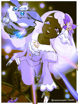 1girl :d border carbink commentary dark-skinned_female dark_skin dress eyelashes fishnet_pantyhose fishnets gen_6_pokemon gloves highres jacinthe_(pokemon) long_sleeves looking_up mayotsunamayo nintendo open_mouth outside_border pantyhose pokemon pokemon_(creature) pokemon_legends:_z-a puffy_sleeves purple_dress purple_eyes purple_shoes shoes smile standing teeth tilted_headwear twitter_username upper_teeth_only white_border white_gloves