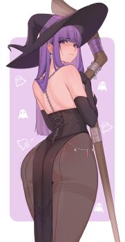 1girl absurdres ass back bare_shoulders black_dress black_gloves blunt_bangs brown_pantyhose commentary corset dress earrings elbow_gloves english_commentary fern_(sousou_no_frieren) from_behind gloves halloween halloween_costume hat highres holding holding_staff jewelry long_hair looking_at_viewer looking_back pantyhose parted_lips purple_background purple_eyes purple_hair shellvi sidelocks simple_background solo sousou_no_frieren staff standing star_(symbol) star_earrings witch_hat