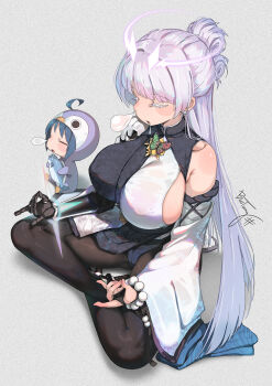 2girls ahoge animal animal_costume armpit_crease asymmetrical_clothes asymmetrical_dress bare_shoulders bead_bracelet beads black_bridal_gauntlets black_dress black_pantyhose blue_hair blue_haori bosstseng bracelet breasts bridal_gauntlets butterfly_earrings butterfly_ornament cameltoe closed_eyes colored_eyelashes commentary detached_sleeves double_fox_shadow_puppet dress drooling earrings fish fox_shadow_puppet goddess_of_victory:_nikke grey_background grey_hair hair_bun half_updo halo haori highres holding holding_animal holding_fish japanese_clothes jewelry large_breasts long_hair mechanical_arms mechanical_halo mechanical_hands meditation multiple_girls natsuki_(bosstseng) nayuta_(nikke) nose_bubble original pantyhose parted_lips penguin_costume plant_print print_dress print_haori prosthesis prosthetic_hand saliva sideboob signature simple_background single_mechanical_arm single_mechanical_hand sleeping split-color_clothes turtleneck turtleneck_dress two-tone_dress very_long_hair white_dress white_eyelashes