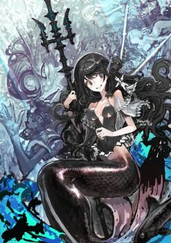 1other 3girls black_hair black_tail blue_eyes breasts commentary_request dated fins fish frills hair_ornament halterneck head_fins holding holding_polearm holding_weapon long_hair looking_to_the_side medium_breasts mermaid monster_girl multiple_girls original polearm sidelocks signature smile solo_focus teeth trident weapon webbed_hands yonuishi