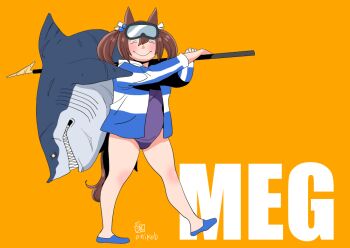 1girl animal_ears artist_name blue_footwear blue_jacket brown_hair closed_eyes commentary giant giantess goggles goggles_on_head hair_between_eyes hair_bobbles hair_ornament hair_ribbon harpoon hishi_akebono_(umamusume) holding horse_ears horse_girl jacket megalodon onikobe_rin open_clothes open_jacket orange_background ribbon signature smile solo swimsuit twintails umamusume white_ribbon