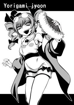 1girl absurdres armpits ayana_mizuki bags_under_eyes bow breasts character_name commentary_request cowboy_shot dress drill_hair eyewear_on_head greyscale hand_fan hat highres holding holding_fan jewelry long_hair looking_at_viewer mini_hat mini_top_hat monochrome necklace open_mouth ringed_eyes round_eyewear sharp_teeth sleeveless sleeveless_dress small_breasts smile solo sunglasses teeth top_hat touhou twin_drills yorigami_jo'on