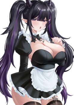 1girl :o absurdres apron black_bow black_bowtie black_dress black_hair black_thighhighs blush bow bowtie breasts chest_tattoo cleavage commentary commission cowboy_shot double-parted_bangs dress english_commentary flower_tattoo frilled_apron frilled_dress frills hand_up highres indie_virtual_youtuber juliet_sleeves large_breasts leg_tattoo long_hair long_sleeves looking_at_viewer maid multicolored_hair open_mouth pointy_ears puffy_sleeves purple_eyes purple_streaks ryuko_murasaki second-party_source short_dress simple_background solo streaked_hair tattoo thighhighs twintails unconventional_maid velvet_noir virtual_youtuber waist_apron white_apron white_background
