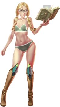 1girl althea_(crystal_maidens) artist_request artistic_error bare_arms bare_hips bare_shoulders blonde_hair book bra breasts closed_mouth covered_pussy crystal_maiden_(series) full_body game_cg glasses green_bra green_eyes green_panties hair_over_shoulder holding holding_book navel official_art panties pentagram see-through_clothes see-through_panties solo strapless strapless_bra transparent_background underwear variant_set