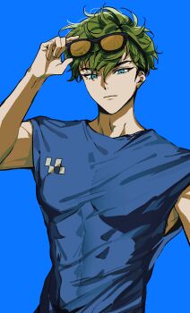 1boy absurdres arm_up black-framed_eyewear blue_background blue_eyes blue_shirt closed_mouth eichi_turnr ensemble_stars! green_hair hair_between_eyes highres kojika_juis looking_at_viewer male_focus shirt short_hair simple_background solo upper_body