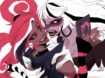 2girls black_dress breasts carmilla_carmine_(hazbin_hotel) commentary_request dark-skinned_female dark_skin demon_girl dress earrings hazbin_hotel hellaverse highres hoop_earrings jewelry long_hair medium_breasts multiple_girls pbyum pink_hair tongue tongue_out twintails velvette_(hazbin_hotel) white_hair