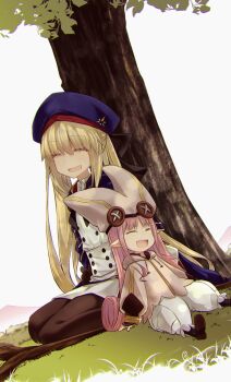 aesc_(fate) baggy_pants belt beret black_gloves blonde_hair blue_cape blue_hat blush boots breasts brown_pantyhose buttons cape closed_eyes double-breasted dress fate/grand_order fate_(series) gloves habetrot_(fate) hat highres hood hooded_cape hooded_jacket jacket long_hair long_sleeves multicolored_cape open_mouth pants pantyhose pink_hair pink_hat pink_jacket pointy_ears red_cape sidelocks sitting small_breasts smile staff thighs tree twintails white_dress white_pants yubeshi_(zecxl)