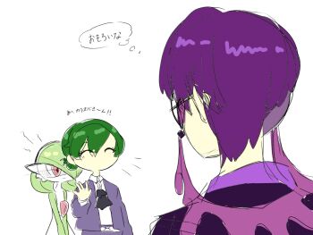 1boy 1girl 1other ^_^ androgynous arm_at_side ascot black_ascot bob_cut closed_eyes closed_mouth collared_shirt colored_skin corbeau_(pokemon) flat_chest flat_color from_behind gardevoir gen_3_pokemon glasses green_hair green_skin hair_over_one_eye half_updo hand_up highres jacket japanese_text multicolored_skin nintendo no_mouth notice_lines one_eye_covered open_clothes open_jacket original pokemon pokemon_(creature) pokemon_legends:_z-a purple_hair purple_jacket red_eyes shaded_face shirt short_hair simple_background sketch speech_bubble standing talking thought_bubble translation_request two-tone_skin upper_body v_arms waving white_background white_shirt white_skin yuri_(fl0werspace)