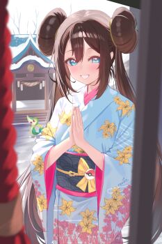 1girl absurdres artist_name blue_eyes blue_kimono blush brown_hair commentary donut_hair_bun floral_print floral_print_kimono gen_5_pokemon hair_bun highres japanese_clothes kimono long_hair long_sleeves looking_at_viewer new_year nintendo obi outdoors pokemon pokemon_(creature) pokemon_bw2 print_kimono revvie rosa_(pokemon) sash shrine smile snivy snow twintails very_long_hair wide_sleeves