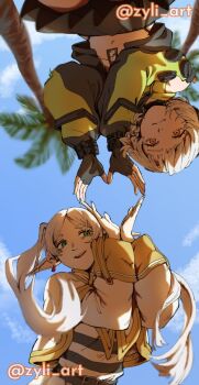 anby_demara black_skirt capelet cloud cloudy_sky earrings elf fingerless_gloves frieren gloves green_eyes green_jacket green_sleeves grey_hair happy headphones heart heart_hands heart_hands_duo jacket jewelry looking_at_viewer looking_down midriff multicolored_sleeves navel orange_eyes palm_tree parted_bangs pointy_ears short_hair skirt sky sleeveless sleeveless_jacket smile sousou_no_frieren tree twintails voice_actor_connection watermark white_capelet white_hair zenless_zone_zero zyli_(zyli_art)